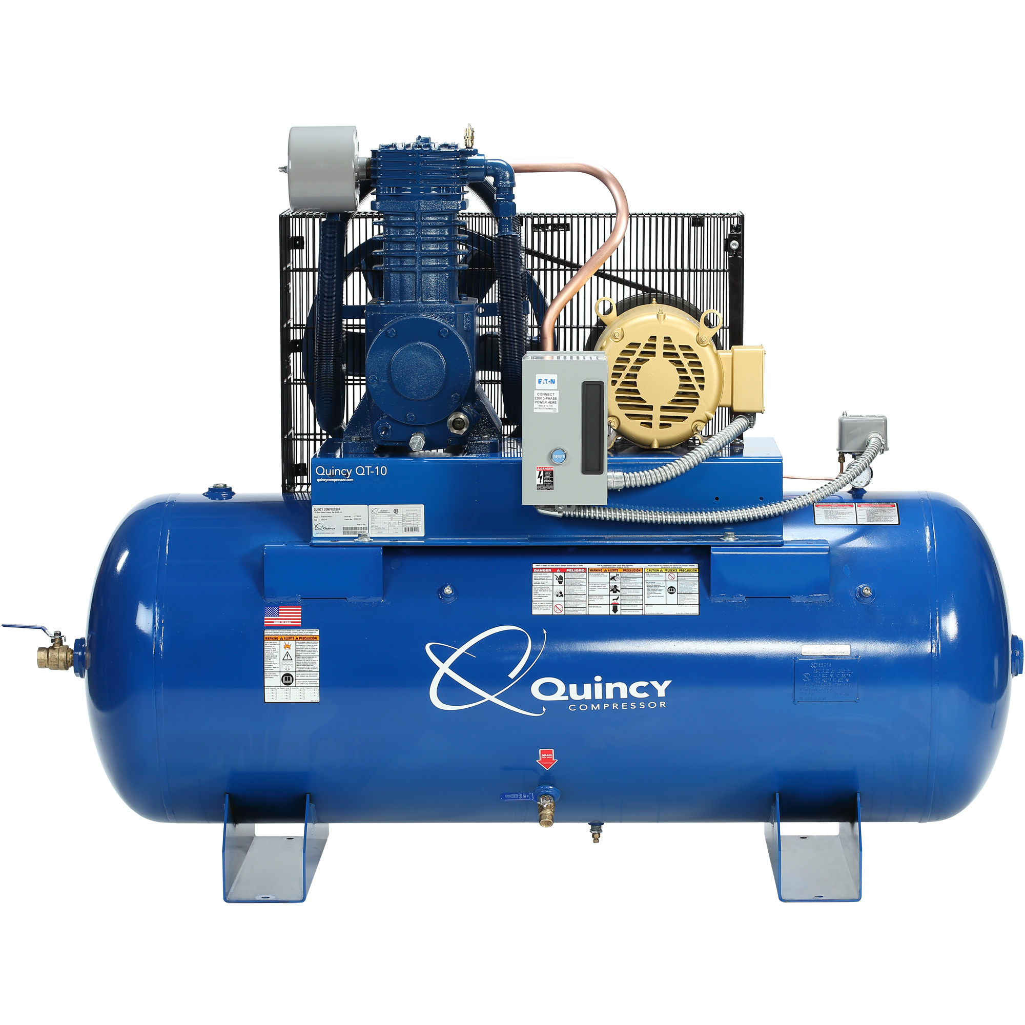 Quincy Compressor, QT 10hp 120G 2Stg Air Compressor 200V 3ph H PRO, Horsepower 10 HP, Air Tank Size 120 Gal, Volts 200 Model# 4103DS12HCB20